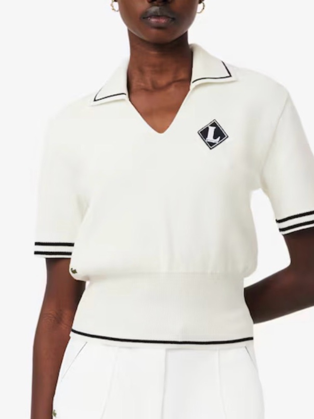Lacoste 34 White Polo V‑Neck Short Sleeve Knit Top with Black Piping